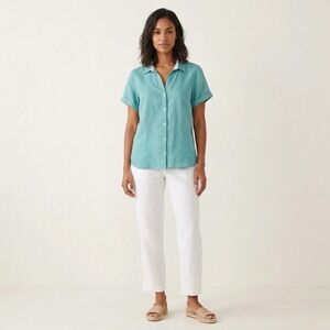 Tommy Bahama Womens Two Palms Linen Shirt Teal Green Short Sleeve Button Down L